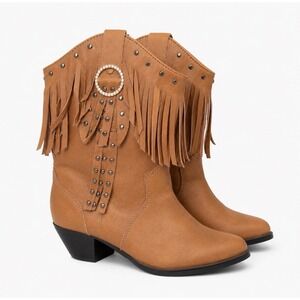 Santa Fe Boot Co Tan Leather Fringe Studded Western Ankle Boots Women 8M SFW502‎